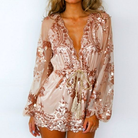Belle of the Ball Couture Boutique Pants - Rose Gold Sequin Embroidered Long Sleeve Romper